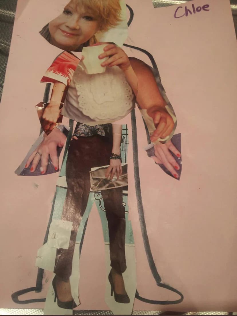 Image shows magazine cuts outs of a woman's head, body, legs, and six arms all glued together.