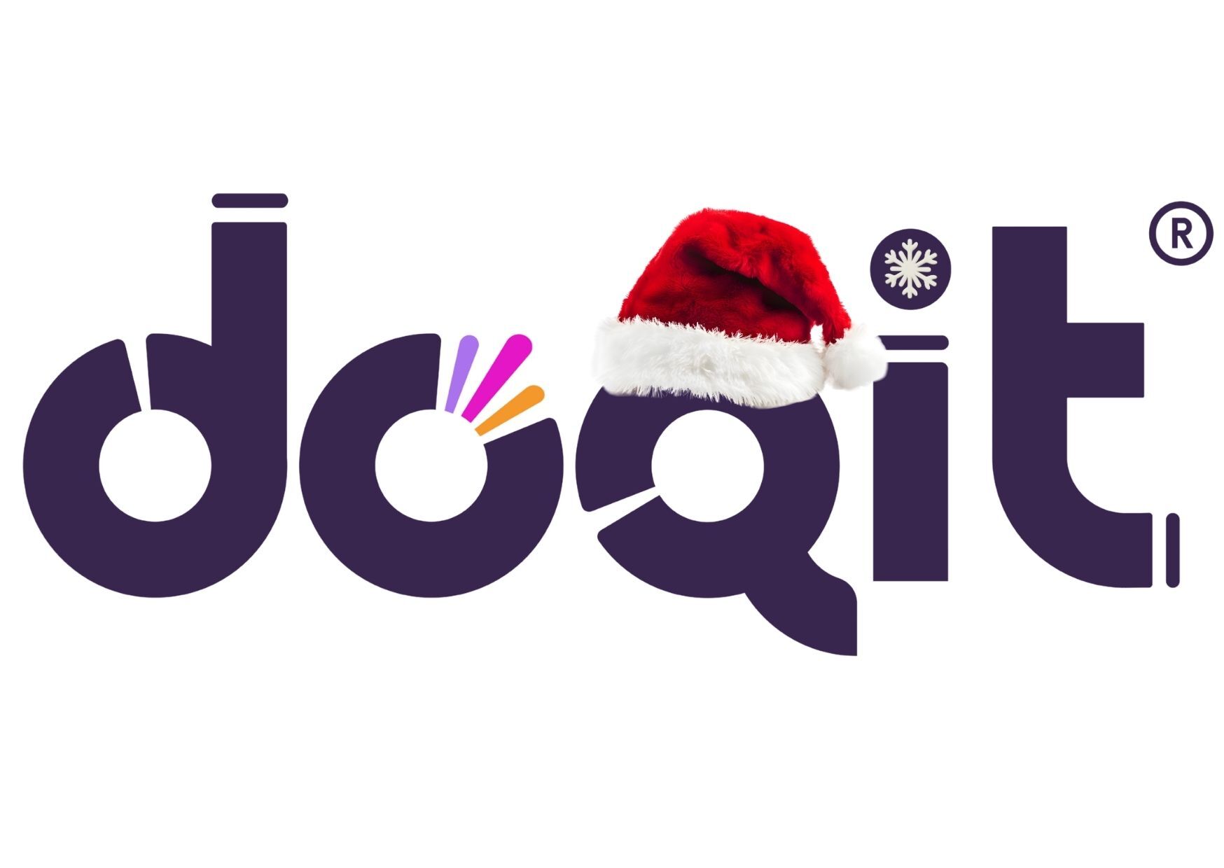 Image is the Doqit logo with a Santa hat on top of the Q and a snowflake on the dot of the i.