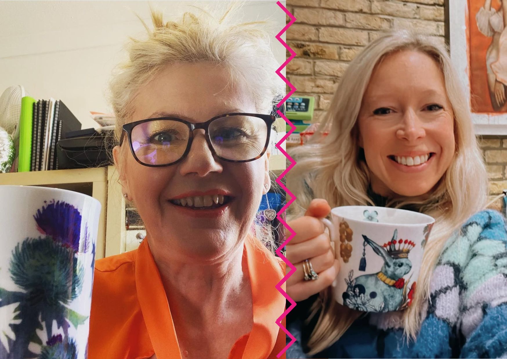 Image shows two women with light hair. Both are holding mugs. One wearing glasses and a bright orange top, other older a coloured woolen top.